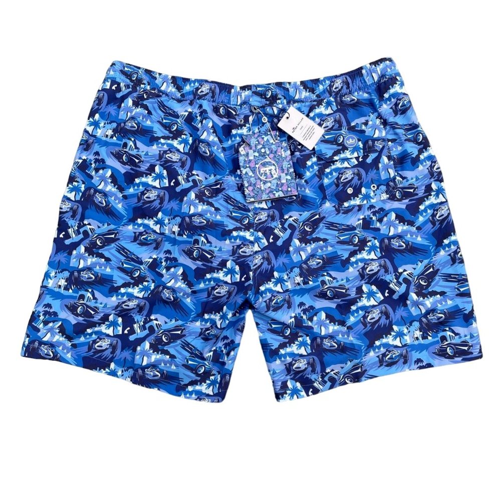 NEW Peter Millar Monaco Madness Swim Trunks Car Print Blue Large